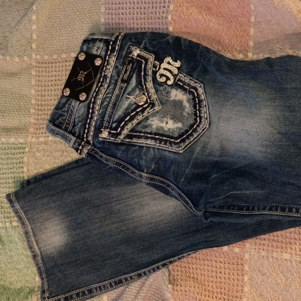MissMe Easy Boot Thick Stitch Jeans 29 X 31 Rhinestone Embellished GUC